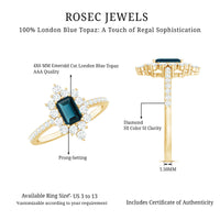 4X6mm Emerald Cut London Blue Topaz Antique Looking Engagement Ring with Diamond Halo