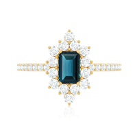 4X6mm Emerald Cut London Blue Topaz Antique Looking Engagement Ring with Diamond Halo