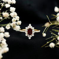 Vintage Inspired Garnet Emerald Cut Engagement Ring with Diamond Halo
