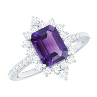 Vintage style 1.4 carat emerald cut amethyst engagement ring with diamond accents, featuring a rose gold band and intricate design.