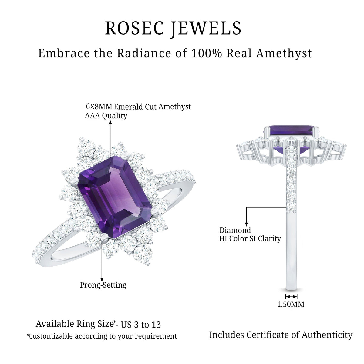 Vintage style 1.4 carat emerald cut amethyst engagement ring with diamonds by Rosec Jewels, showcasing a detailed side view.