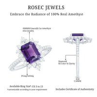 Vintage style 1.4 carat emerald cut amethyst engagement ring with diamonds by Rosec Jewels, showcasing a detailed side view.