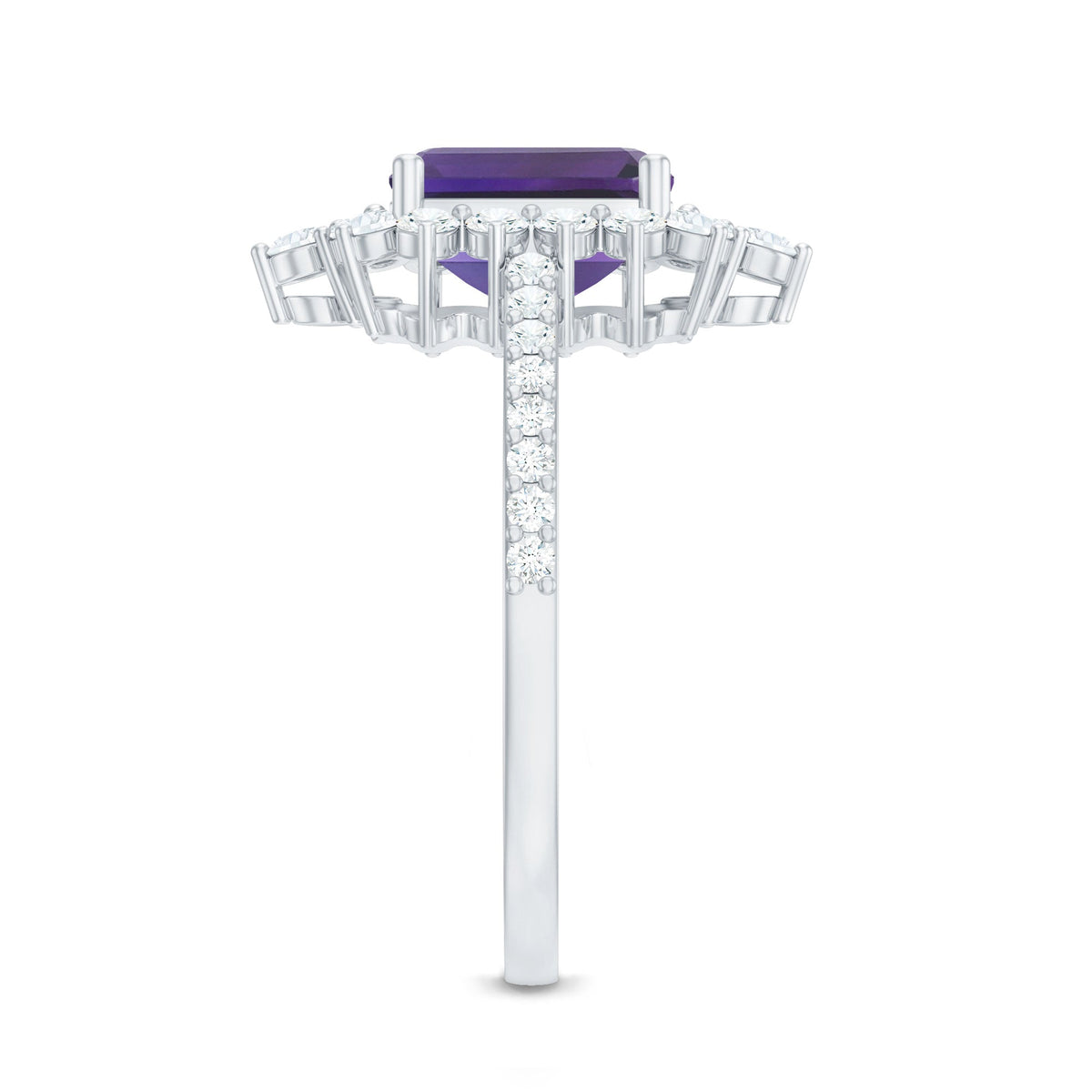 Vintage-style 1.4 carat emerald cut amethyst engagement ring with diamond accents from Rosec Jewels, showcasing intricate detailing.