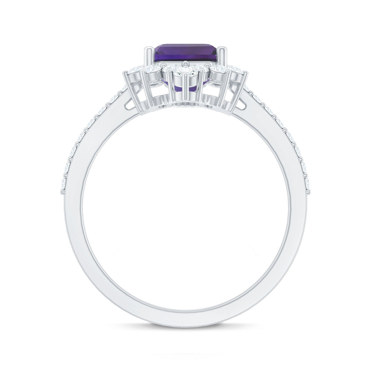 Vintage style 1.4 carat emerald cut amethyst engagement ring with diamonds, featuring a silver band and intricate detailing.