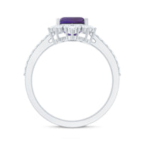 Vintage style 1.4 carat emerald cut amethyst engagement ring with diamonds, featuring a silver band and intricate detailing.