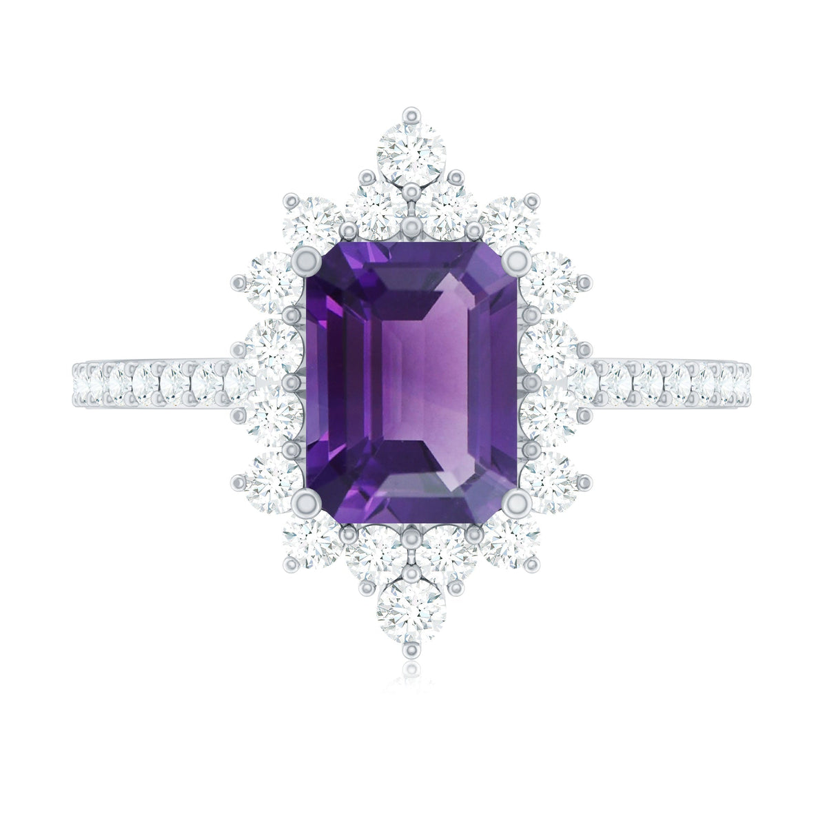 Vintage style 1.4 carat emerald cut amethyst engagement ring with diamonds, featuring Rosec Jewels branding and intricate design.