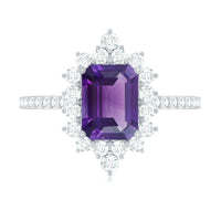 Vintage style 1.4 carat emerald cut amethyst engagement ring with diamonds, featuring Rosec Jewels branding and intricate design.