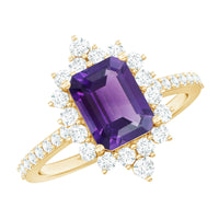 Vintage style 1.4 carat emerald cut amethyst engagement ring with diamonds by Rosec Jewels, showcasing intricate detailing and sparkling accents.