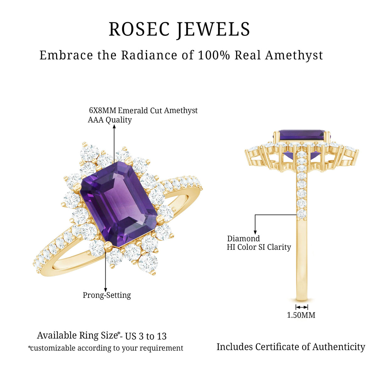 Vintage style 1.4 carat emerald cut amethyst engagement ring with accent diamonds, crafted by Rosec Jewels.