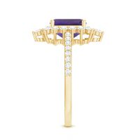 Vintage style 1.4 carat emerald cut amethyst engagement ring with diamonds from Rosec Jewels, showcasing the detailed design.