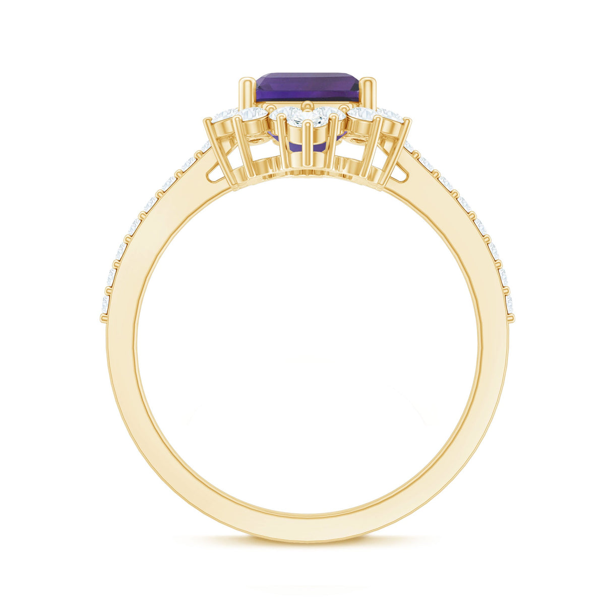 Vintage style 1.4 carat emerald cut amethyst engagement ring with diamonds from Rosec Jewels, showcasing a detailed gold band and sparkling stones.