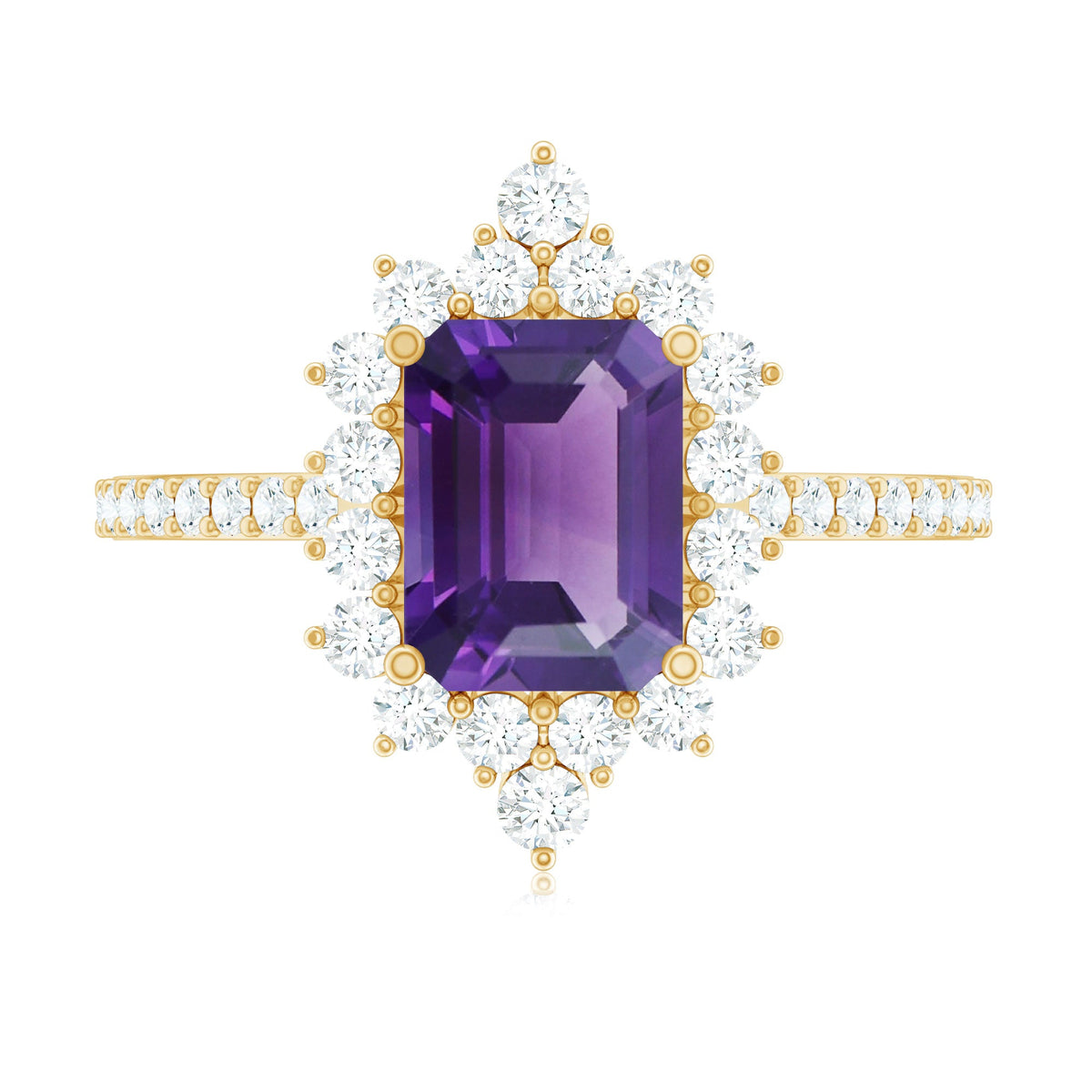 Vintage style 1.4 carat emerald cut amethyst engagement ring with diamonds, set in a rosec Jewels ring design.