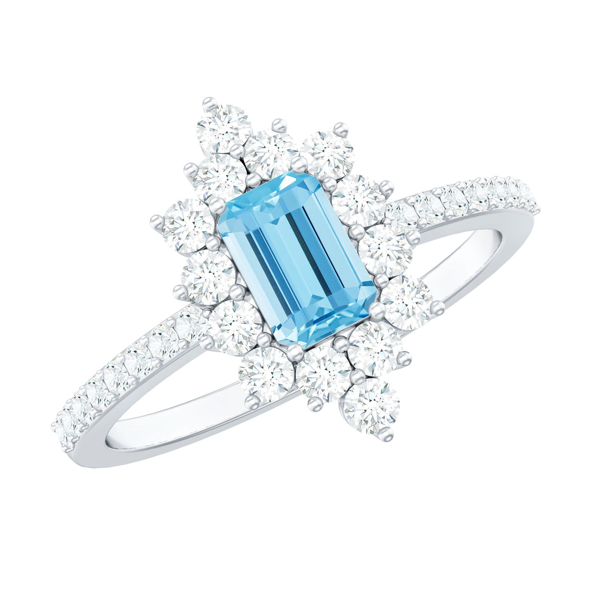 Vintage-looking aquamarine and diamond halo engagement ring by Rosec Jewels, showcasing a central aquamarine with surrounding diamonds.