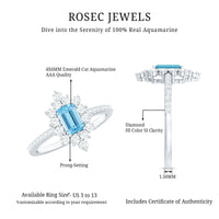 Vintage-style aquamarine and diamond halo engagement ring from Rosec Jewels, featuring intricate detailing and sparkling gemstones.