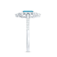 Vintage-style aquamarine and diamond halo engagement ring featuring intricate band details from Rosec Jewels.