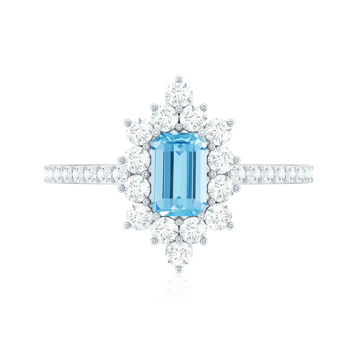 Vintage aquamarine and diamond halo engagement ring by Rosec Jewels featuring an intricate design and sparkling gemstones.
