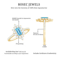 Vintage aquamarine and diamond halo engagement ring from Rosec Jewels featuring intricate metalwork and sparkling gemstones.