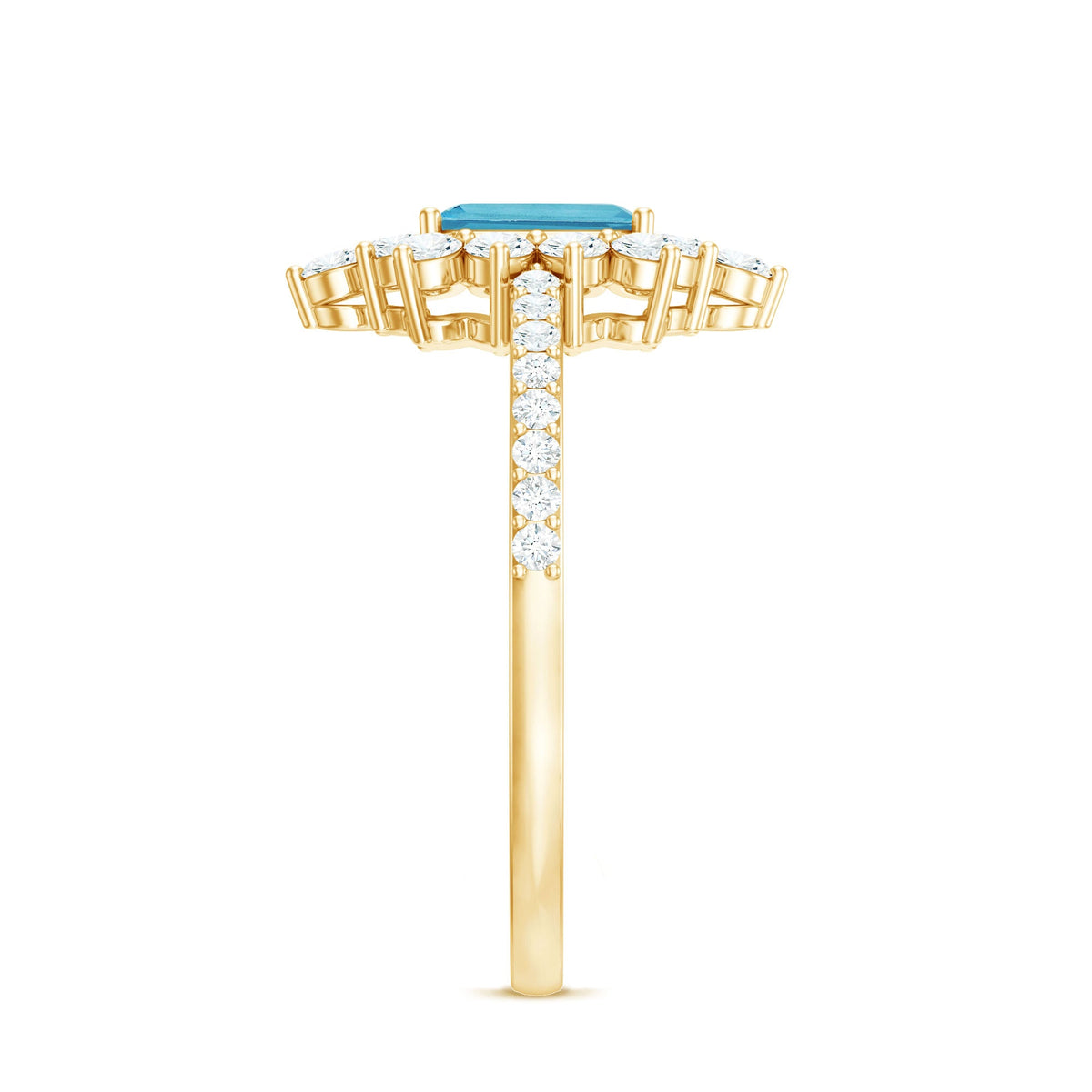 Vintage-looking aquamarine and diamond halo engagement ring from Rosec Jewels with intricate detailing and elegant setting.
