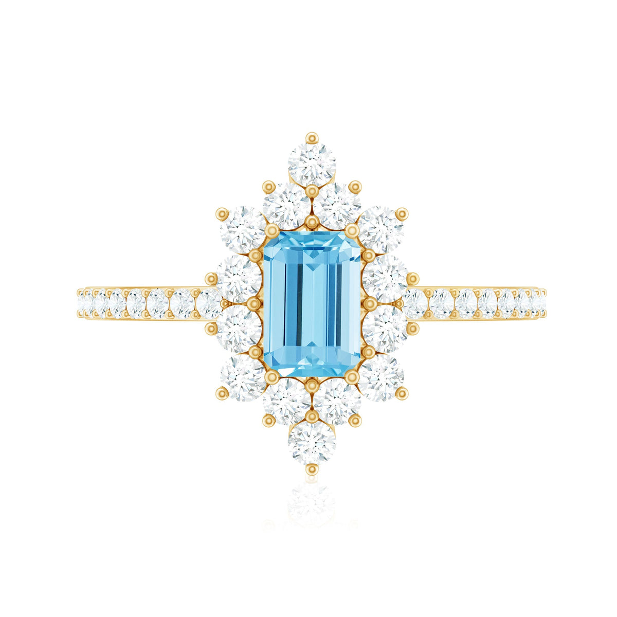 Vintage style aquamarine and diamond halo engagement ring from Rosec Jewels, showcasing intricate design and sparkling gemstones.