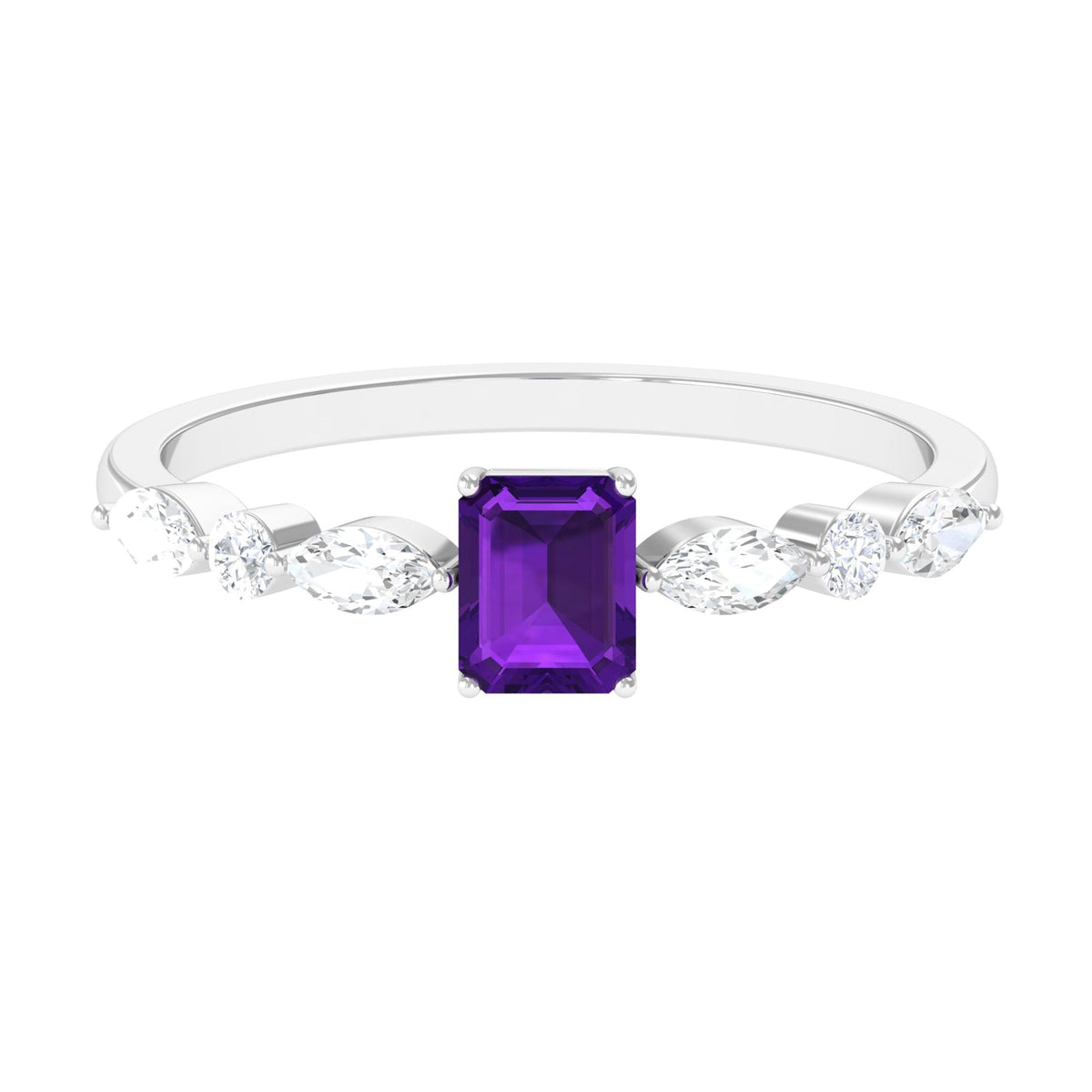 Genuine 1.4 carat amethyst emerald cut engagement ring with diamonds, featuring a Rosec Jewels band and intricate metalwork.