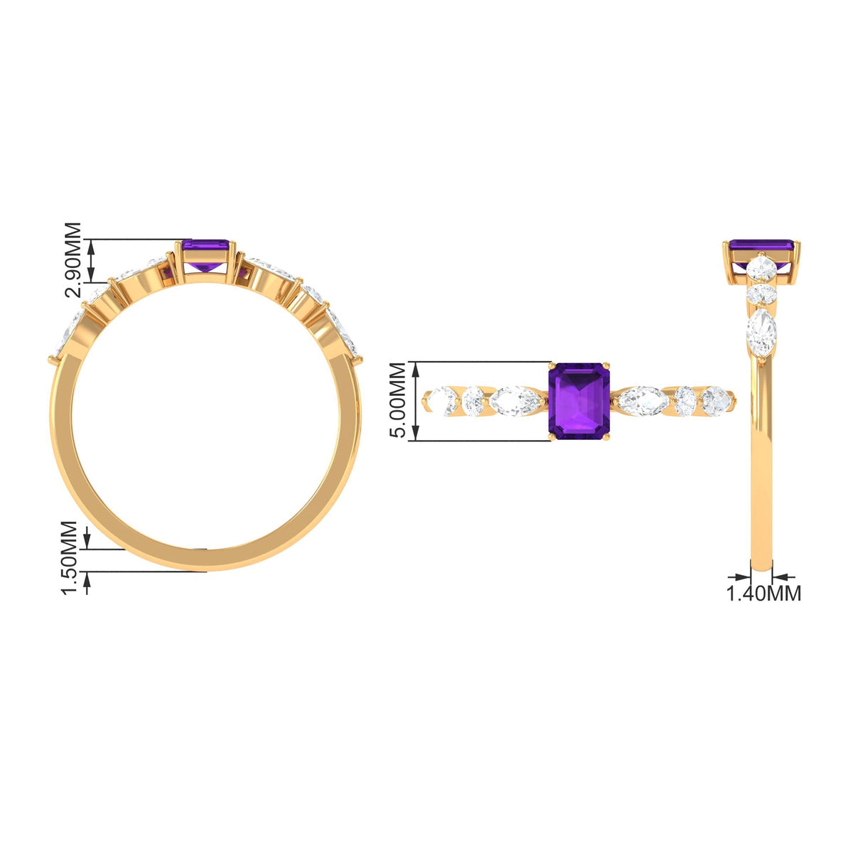 Genuine 1.4 Carat amethyst emerald cut engagement ring with diamond accents, crafted by Rosec Jewels.