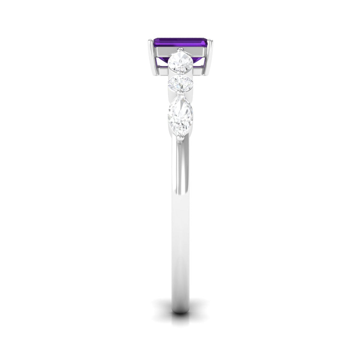 Genuine 1.4 carat amethyst emerald cut engagement ring with diamonds from Rosec Jewels, showcasing the central amethyst and diamond accents.