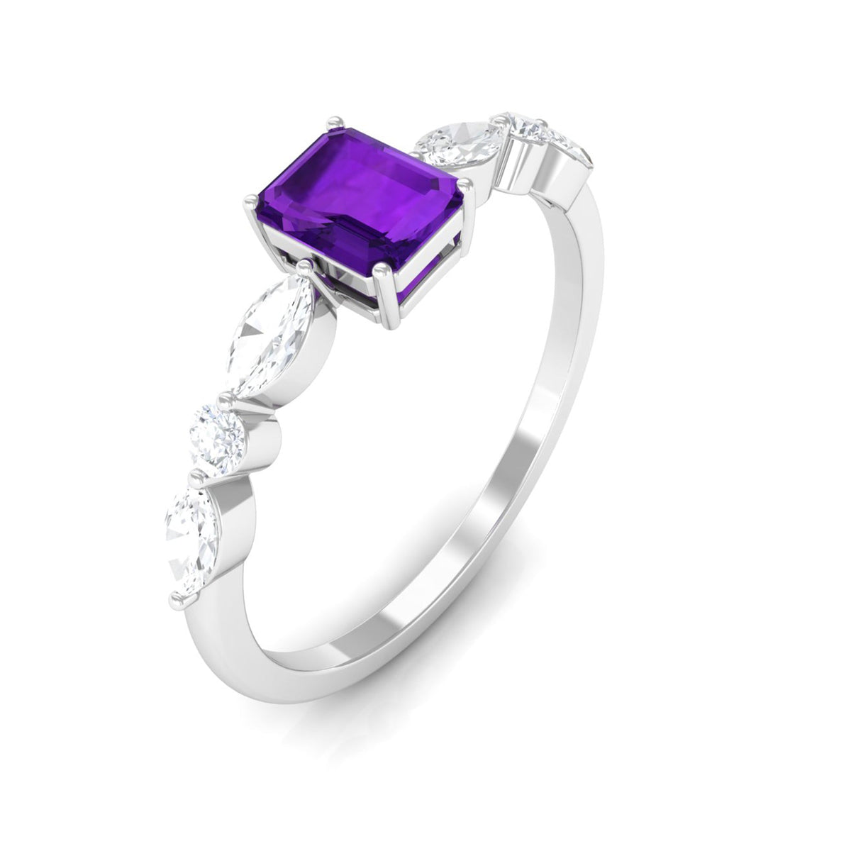 Genuine 1.4 carat amethyst emerald cut engagement ring with diamond accents by Rosec Jewels displayed on a white background.