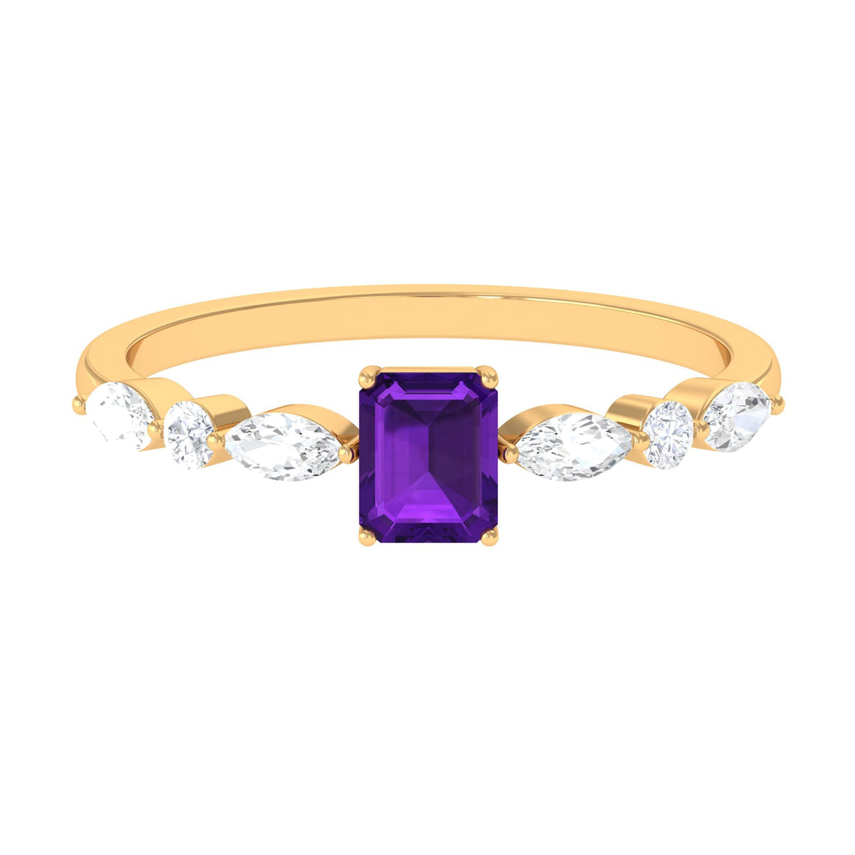 Genuine 1.4 carat amethyst emerald cut engagement ring with diamond accents by Rosec Jewels, showcasing the elegant gemstone and band.