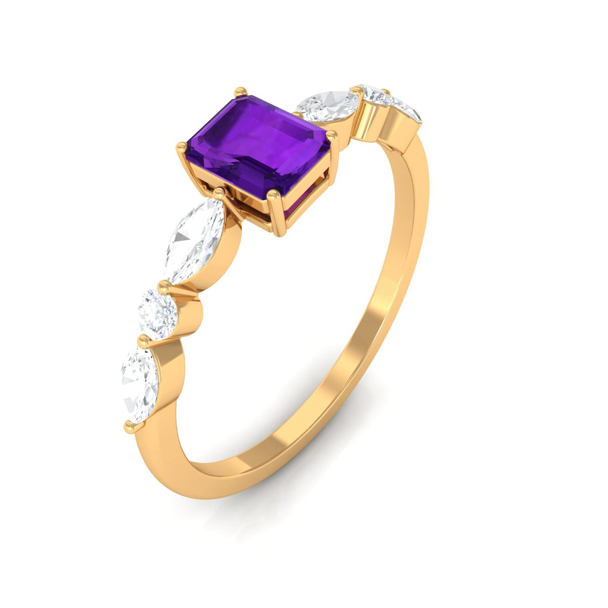 Genuine 1.4 carat amethyst emerald cut engagement ring with diamond accents from Rosec Jewels, showcasing the elegant gemstone and band