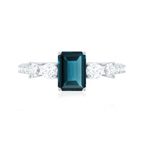 Genuine 6X8mm Emerald Cut London Blue Topaz Engagement Ring with Diamond