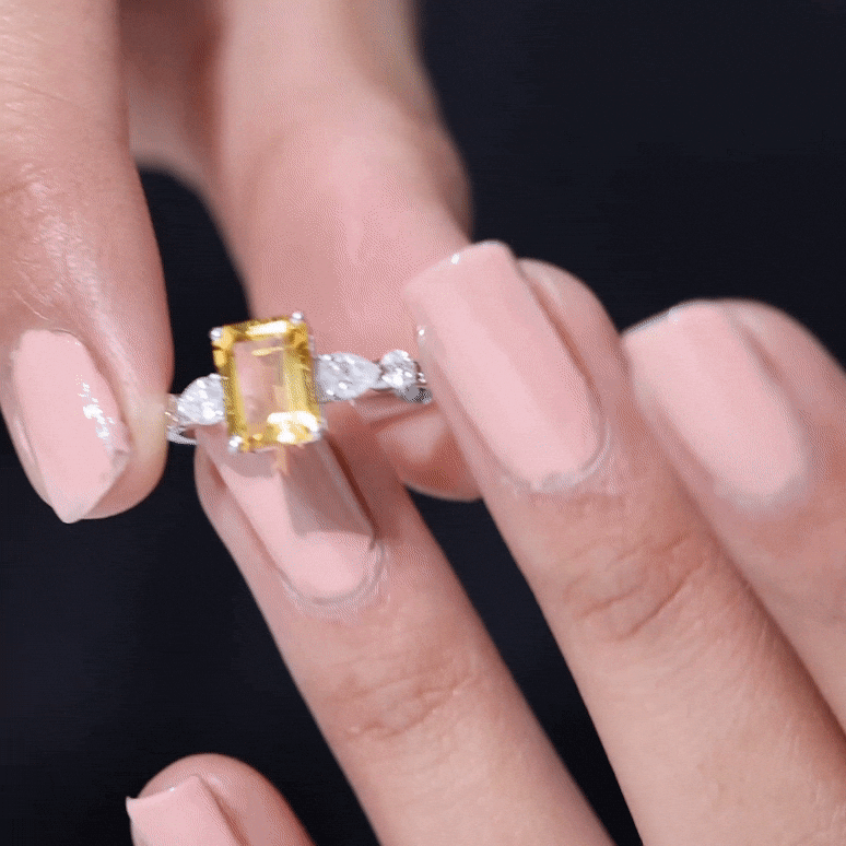 1.8 Carat Genuine Citrine Emerald Cut Engagement Ring with Moissanite Side Stones