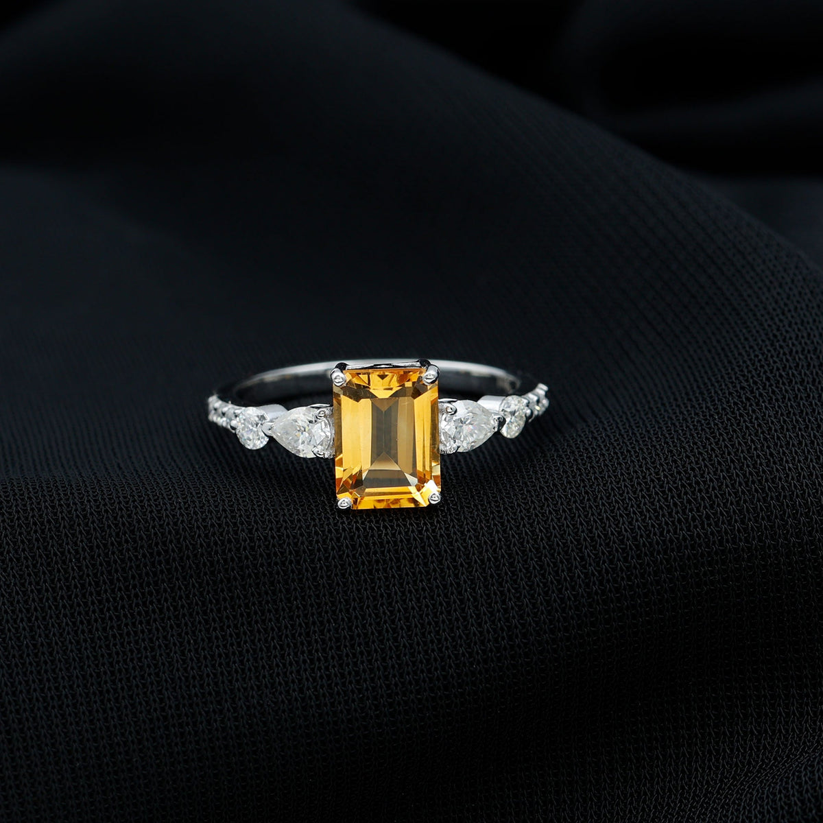 1.8 Carat Genuine Citrine Emerald Cut Engagement Ring with Moissanite Side Stones