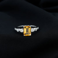 1.8 Carat Genuine Citrine Emerald Cut Engagement Ring with Moissanite Side Stones