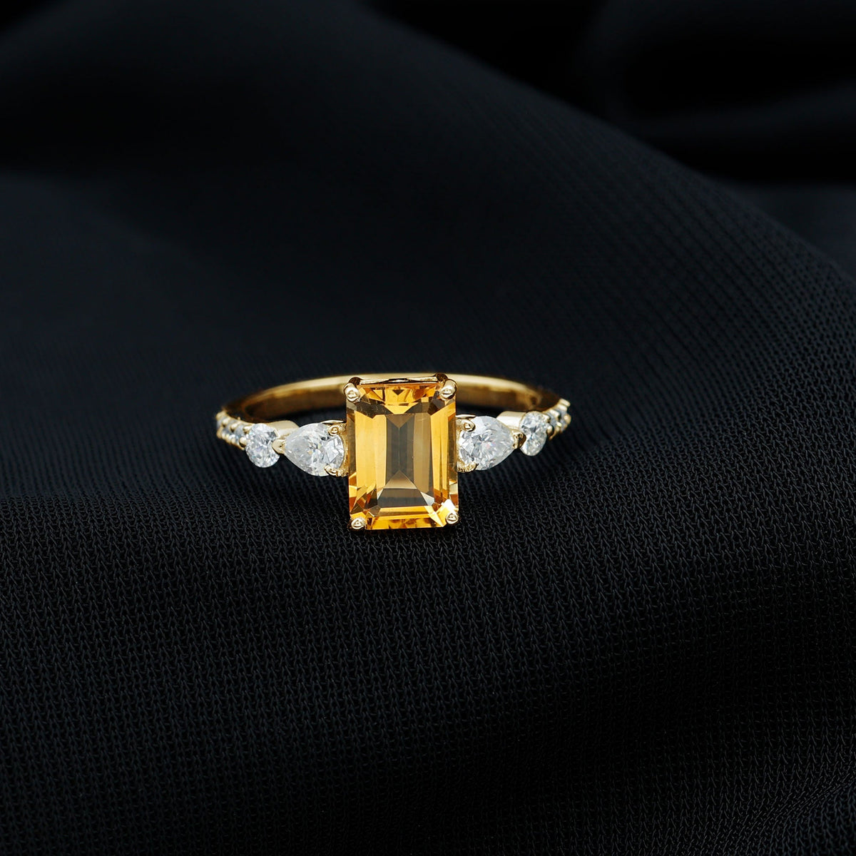 1.8 Carat Genuine Citrine Emerald Cut Engagement Ring with Moissanite Side Stones