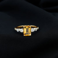1.8 Carat Genuine Citrine Emerald Cut Engagement Ring with Moissanite Side Stones