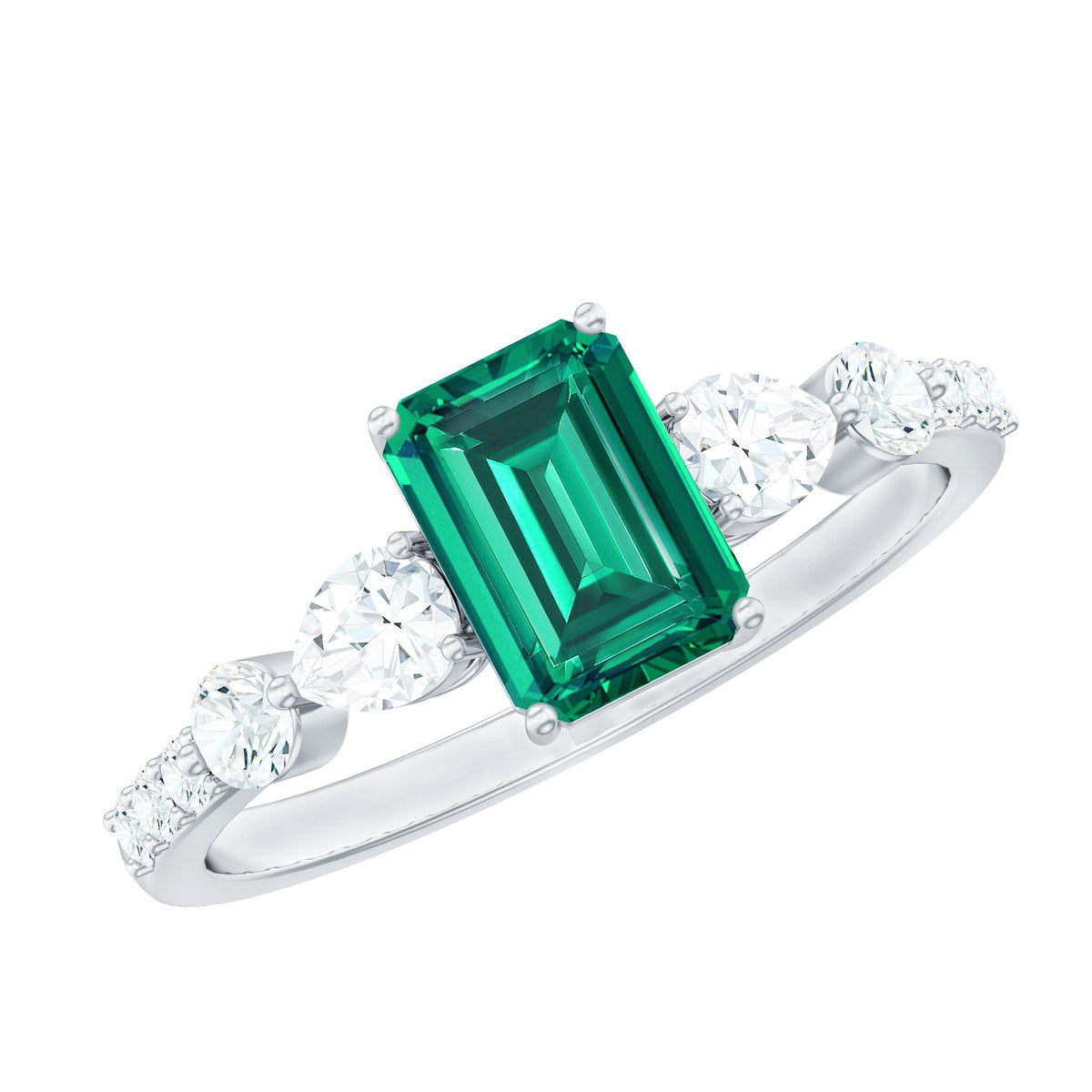 Certified Lab Grown Emerald Cut Emerald Engagement Ring with Side Stones