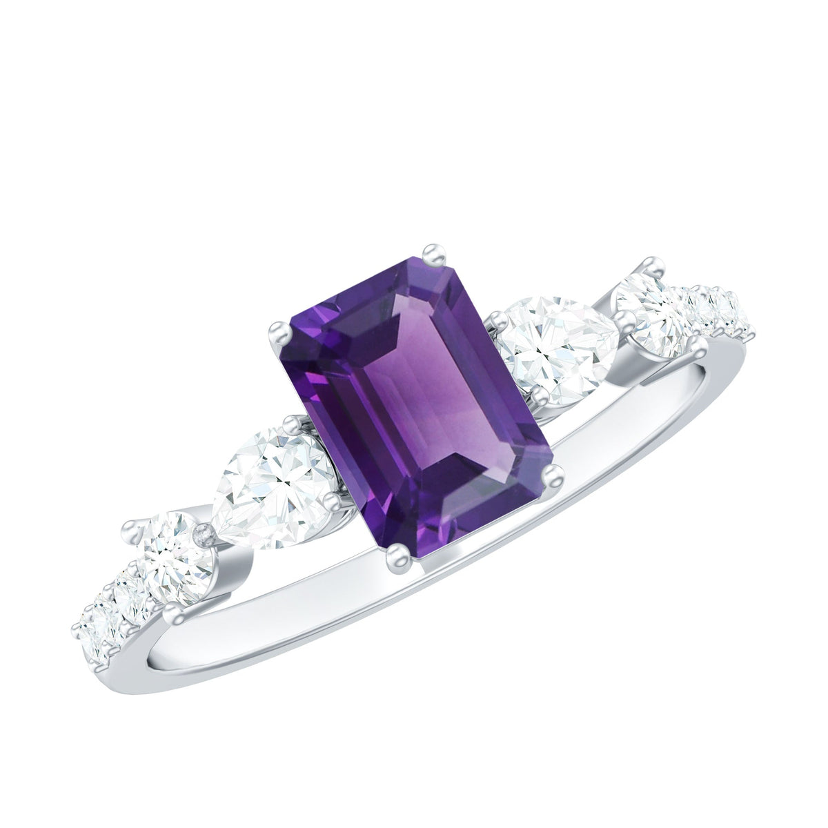 Real 1.4 carat emerald cut amethyst engagement ring with moissanite by Rosec Jewels, featuring a violet purple gemstone and sparkling accents.