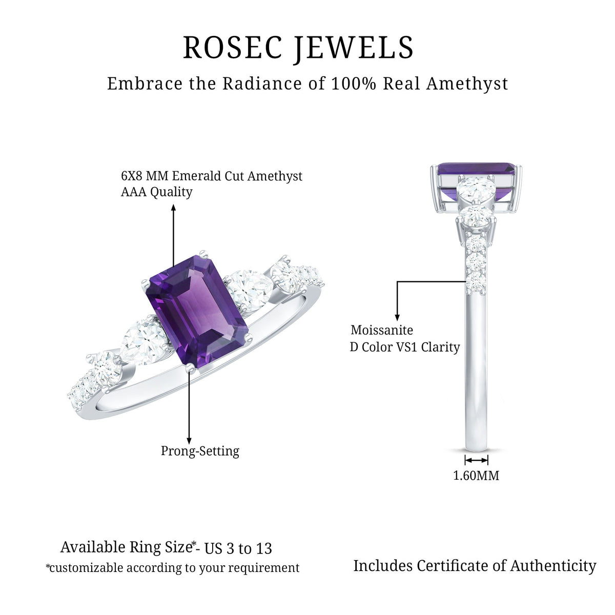Emerald cut 1.4 carat amethyst engagement ring with moissanite accents by Rosec Jewels, showcasing the elegant gemstone and ring design.