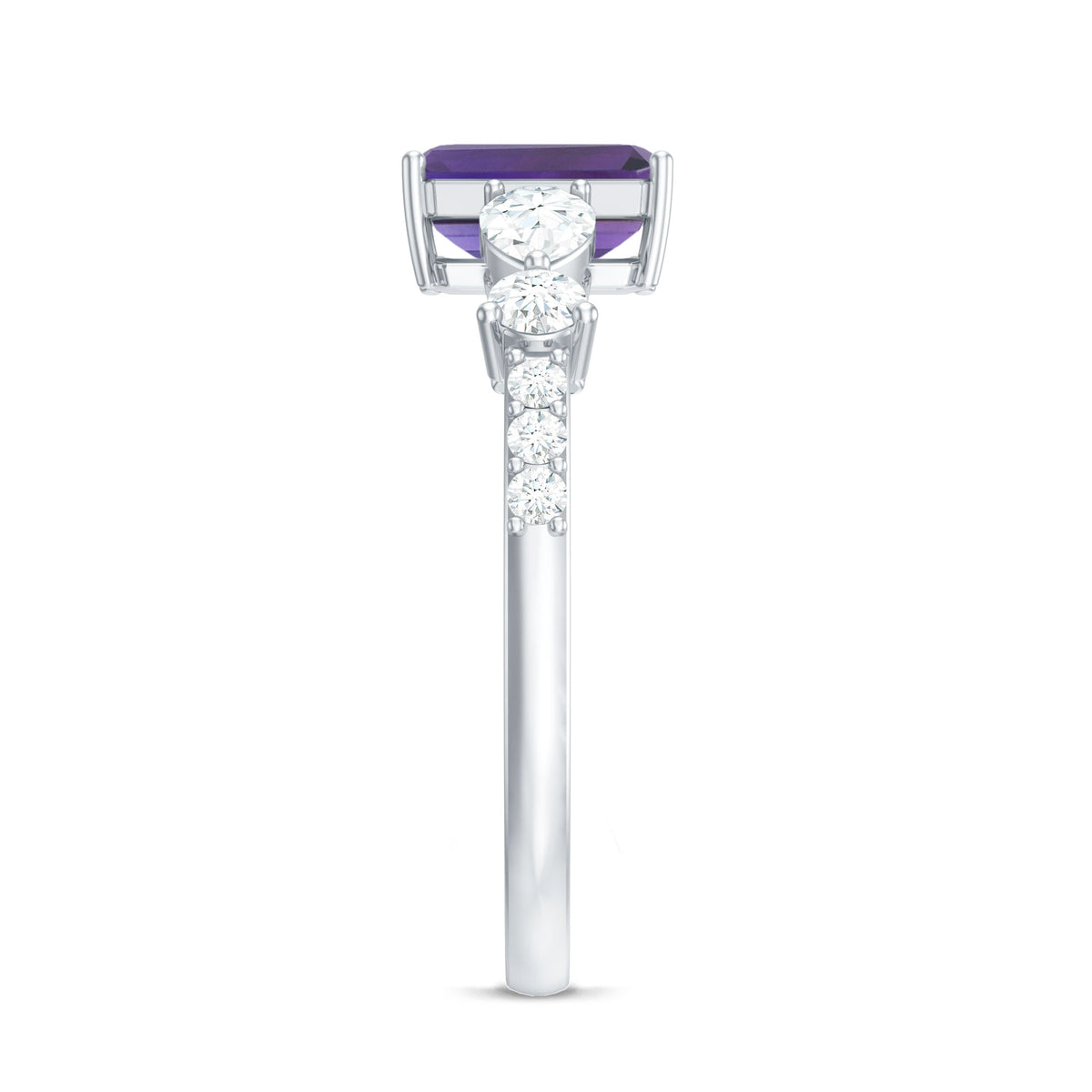 Emerald cut 1.4 carat amethyst engagement ring with moissanite accents, featuring a rose gold band from Rosec Jewels.