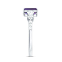 Emerald cut 1.4 carat amethyst engagement ring with moissanite accents, featuring a rose gold band from Rosec Jewels.