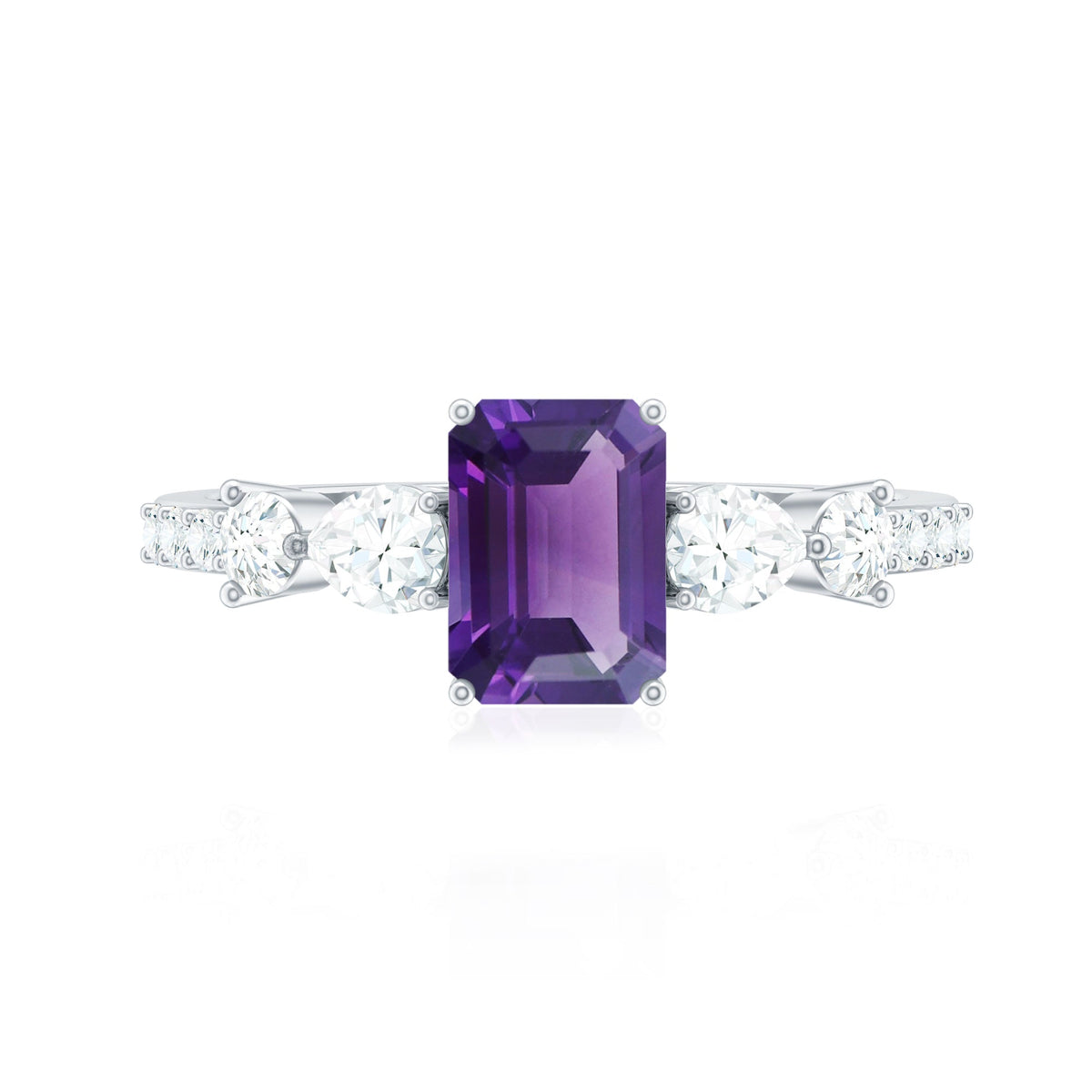 Real 1.4 carat emerald cut amethyst engagement ring with moissanite, featuring a silver band and intricate detailing.