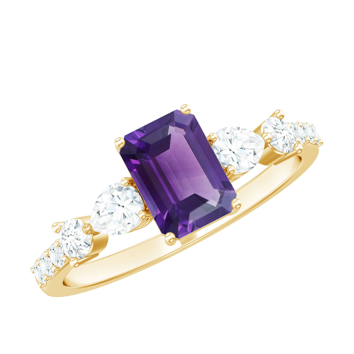 Emerald cut amethyst engagement ring with moissanite accents from Rosec Jewels, showcasing a 1.4 carat purple gemstone and elegant band