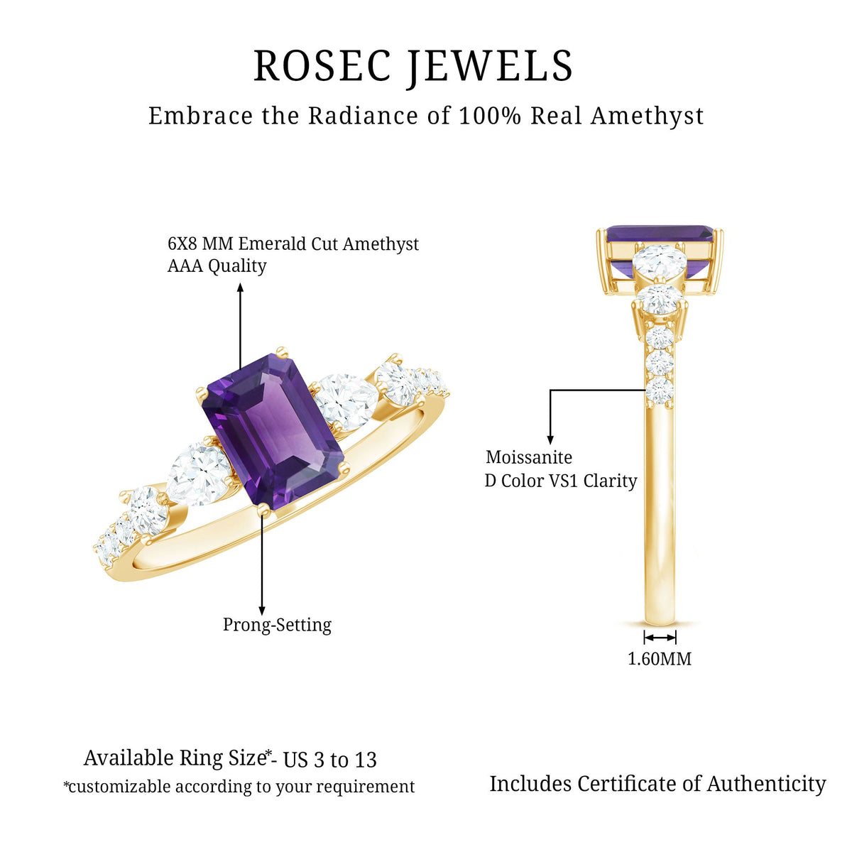 Real 1.4 carat emerald cut amethyst engagement ring with moissanite, featuring a silver band and intricate design.
