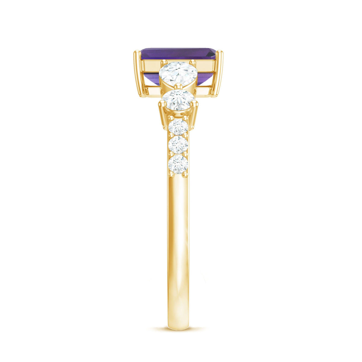 Real 1.4 carat emerald cut amethyst engagement ring with moissanite accents, featuring a rose gold band from Rosec Jewels.