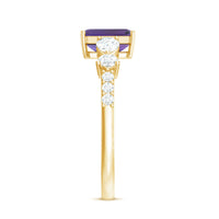 Real 1.4 carat emerald cut amethyst engagement ring with moissanite accents, featuring a rose gold band from Rosec Jewels.
