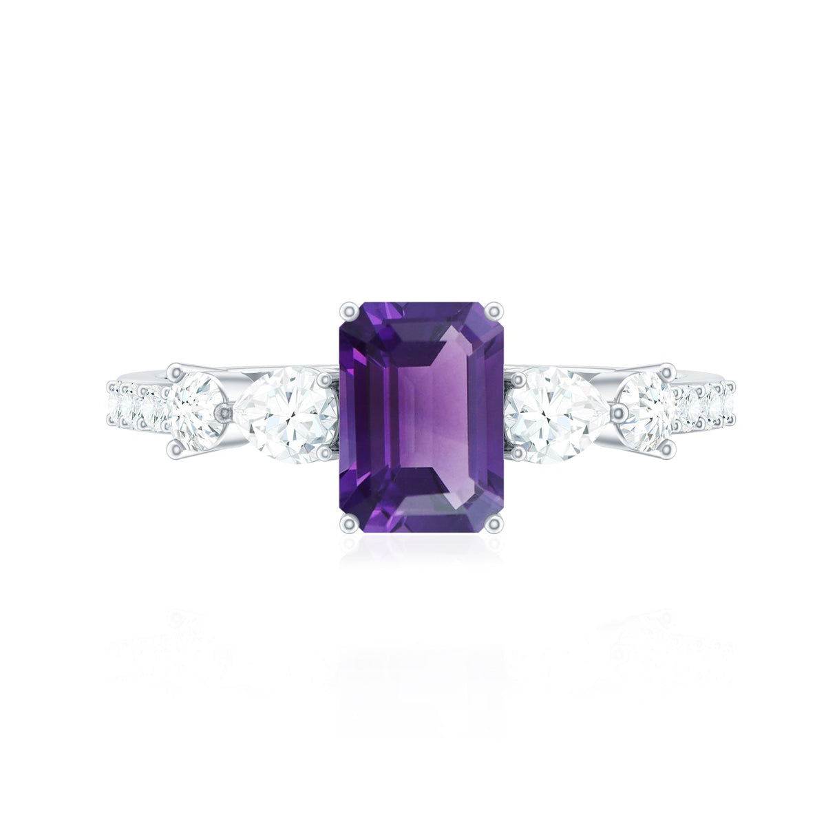 Real 1.4 carat emerald cut amethyst engagement ring with moissanite from Rosec Jewels, showcasing the elegant purple gemstone and sparkling accents.