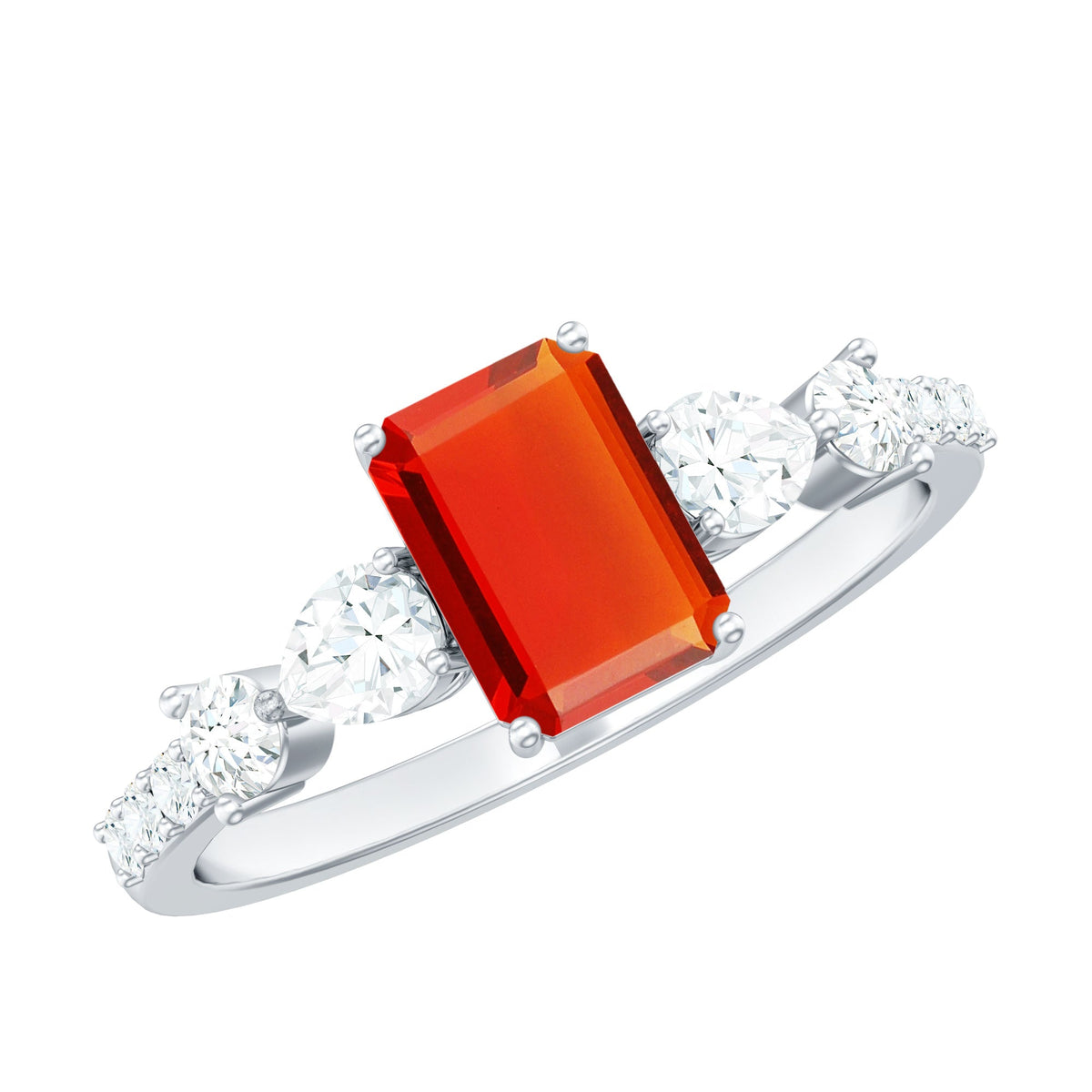 Emerald cut 1 Carat fire opal engagement ring with diamond side stones from Rosec Jewels, showcasing a sparkling gemstone and elegant band.