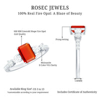 Emerald cut 1 carat fire opal engagement ring with diamond side stones by Rosec Jewels, showcasing the vibrant gemstone and sparkling accents.