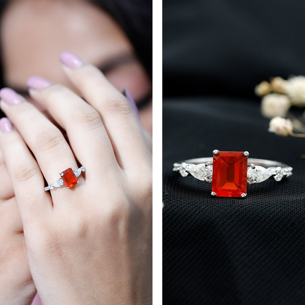 Emerald cut 1-carat fire opal engagement ring with diamond side stones from Rosec Jewels, showcasing a sparkling center gemstone and side accents.
