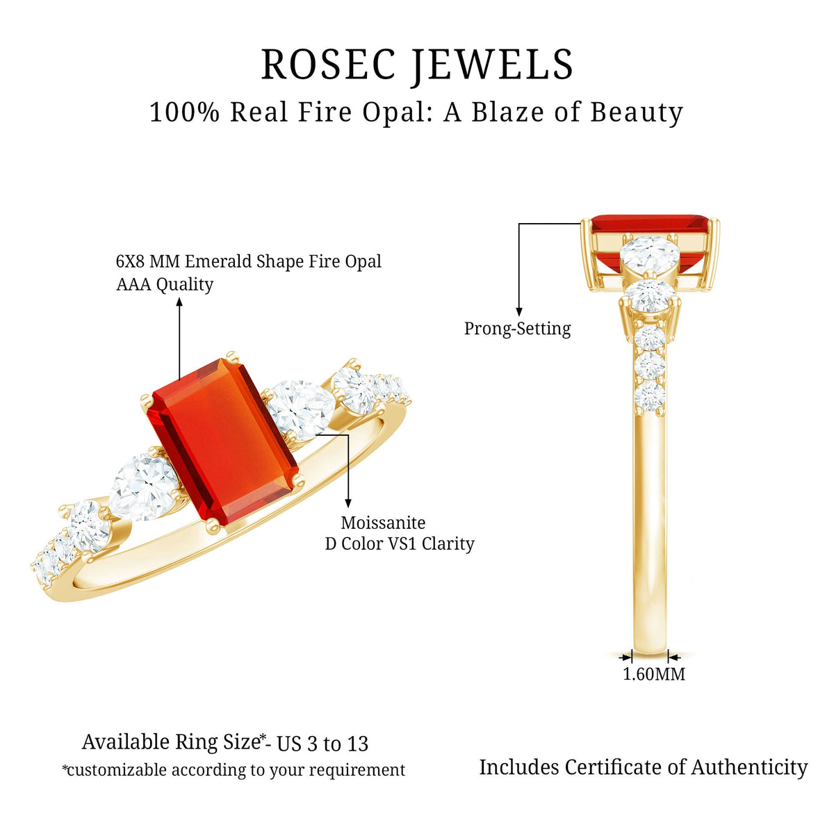 Emerald cut 1 carat fire opal engagement ring with diamond side stones by Rosec Jewels, showcasing the vibrant gemstone and elegant design.